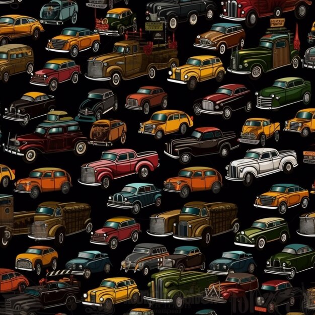 un primer plano de muchos coches de diferentes colores en un fondo negro generativo ai