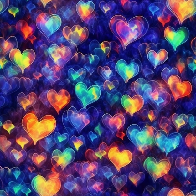un primer plano de muchos corazones se muestra en un fondo colorido ai generativo