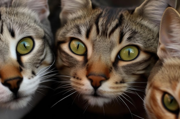 Primer plano de muchos ojos de gatos con cada par fijo en la cámara creada con IA generativa