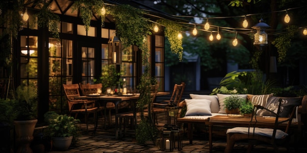 Primer plano de muebles de jardín al aire libre bajo la cálida luz de las linternas IA generativa