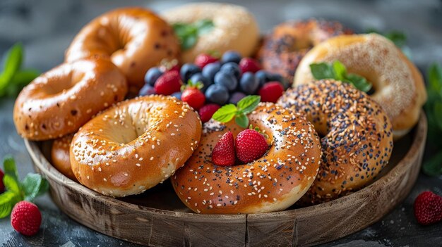 En este primer plano se muestra una canasta de bagels y panes Se muestra un lado y toda la vista Se muestra una vista completa del frente Se filmó en un estudio de estilo de vida