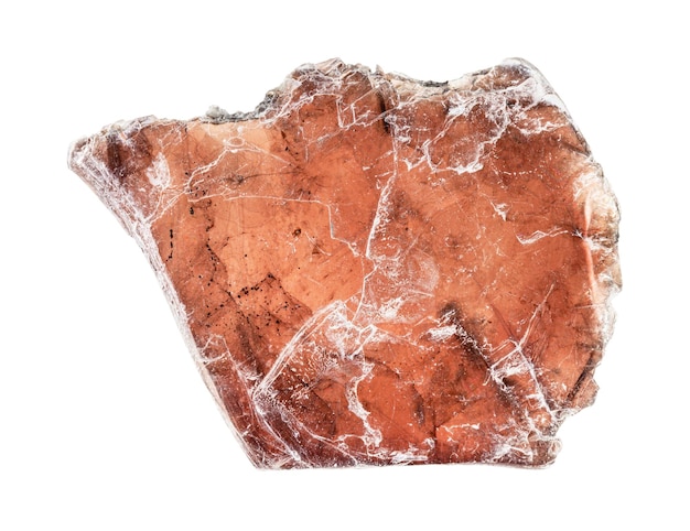 Primer plano de la muestra de mineral natural de la colección geológica mica moscovita marrón aislada sobre fondo blanco