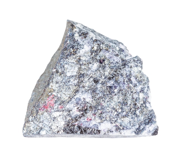 primer plano de la muestra de mineral natural de la colección geológica roca de antimonita Stibnite cruda aislada sobre fondo blanco