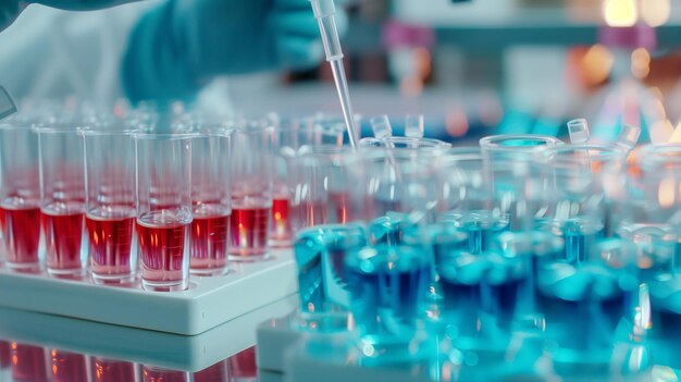 Primer plano de muestras de líquidos rojos y azules en laboratorio