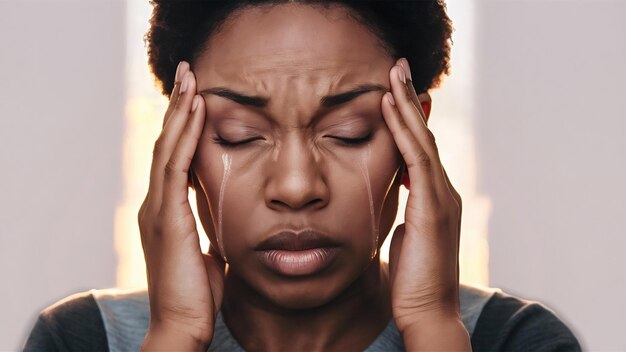 Foto un primer plano de una mujer afroamericana agotada que se siente mal tocando los templos de masaje que sufren de dolor de cabeza.