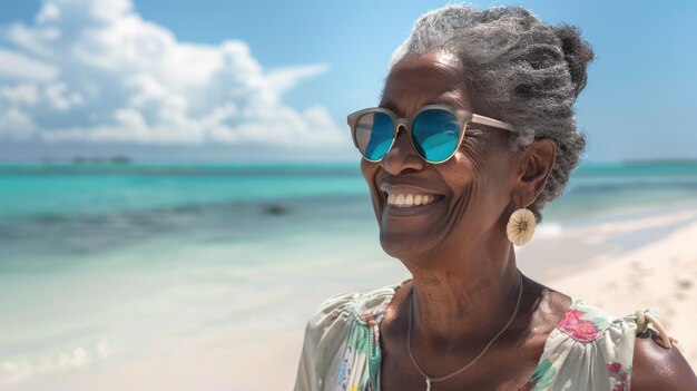 un primer plano de una mujer afroamericana madura y sonriente caminando por la playa