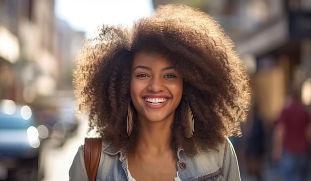 Primer plano de una mujer afroamericana sonriendo con un fondo de escena de la ciudad