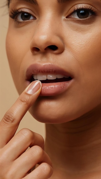 Un primer plano de una mujer aplicando bálsamo hidratante y nutritivo a sus labios con el dedo