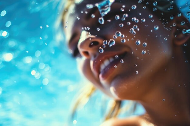 Primer plano de una mujer en bikini disfrutando de un refrescante chapuzón en las claras aguas turquesas de la playa IA generativa