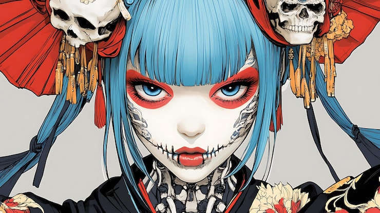Foto un primer plano de una mujer con cabello azul y motivos de cráneo en estilo de dibujos animados