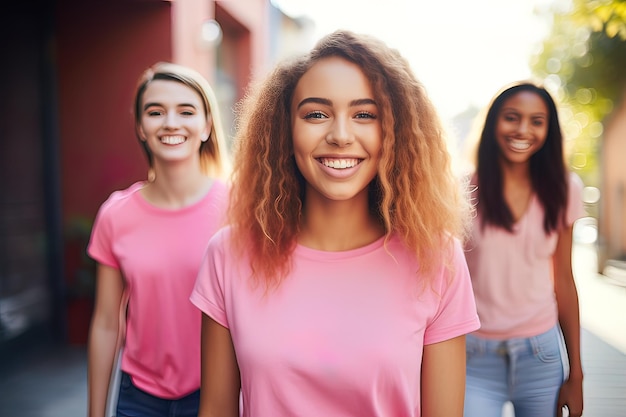 Foto un primer plano de una mujer con cabello rizado vistiendo una camisa rosa junto con un grupo de mujeres en el fondo