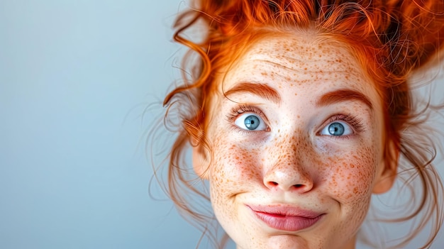 Un primer plano de una mujer de cabello rojo y pecas haciendo una cara graciosa