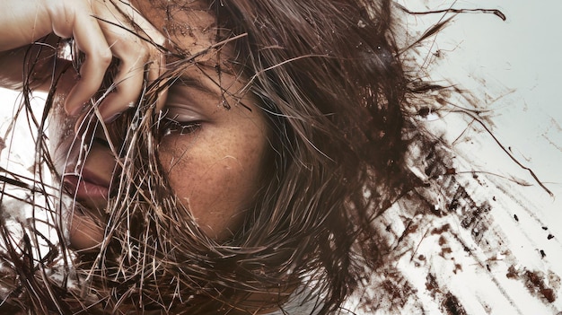 Un primer plano de una mujer con el cabello soplando en el viento mostrando el cuidado y el peinado del cabello