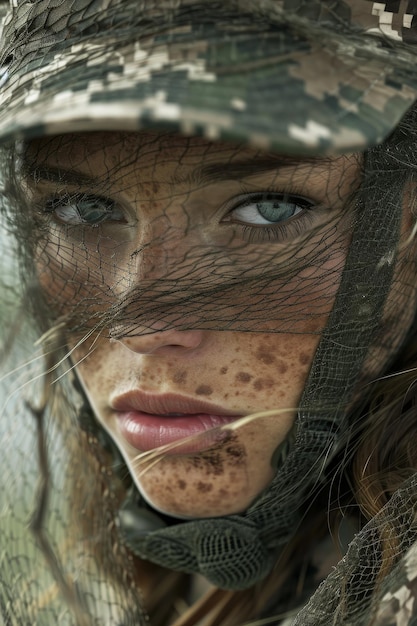 Primer plano de una mujer camuflada con una mirada intensa