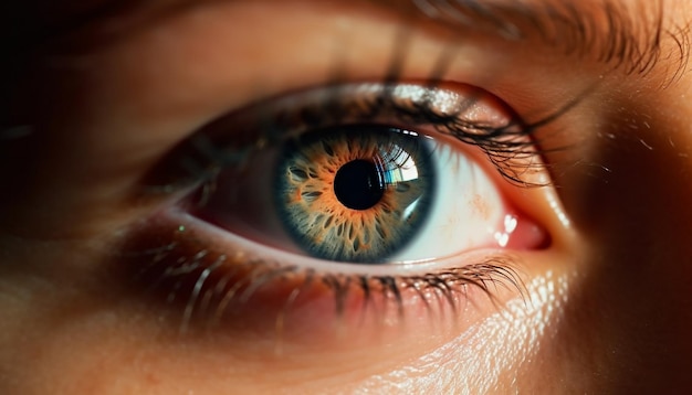 Un primer plano de una mujer caucásica de ojos azules mirando fijamente a una cámara generada por inteligencia artificial