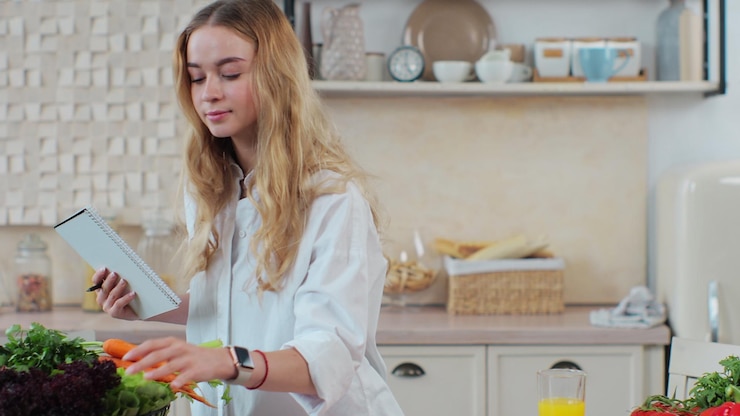 Foto primer plano de una mujer en la cocina revisando una lista de compras en un cuaderno en casa concepto de salud frutas y verduras orgánicas frescas concepto de dieta