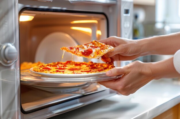 Un primer plano de una mujer cocinando pizza en el microondas.