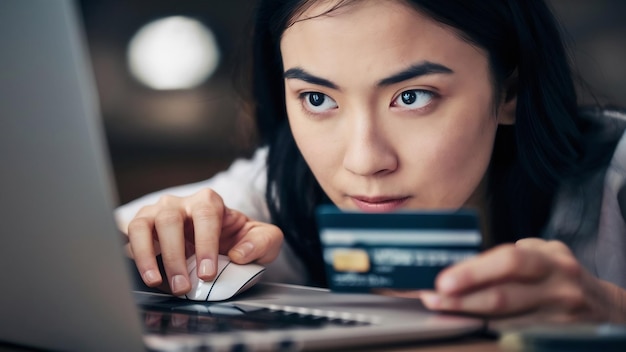 Primer plano de una mujer comprando en línea con tarjeta de crédito y portátil