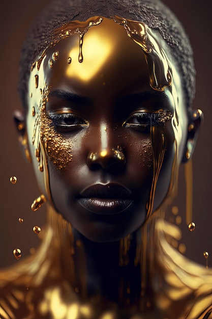 Primer plano de una mujer cubierta de goteo de oro IA generativa