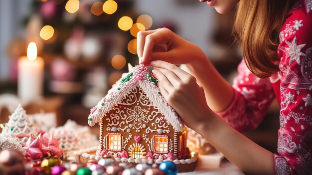 Foto primer plano de una mujer decorando una parte de una casa de pan de jengibre color brillante generativo ai