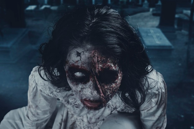 Primer plano de una mujer con disfraz de fantasma