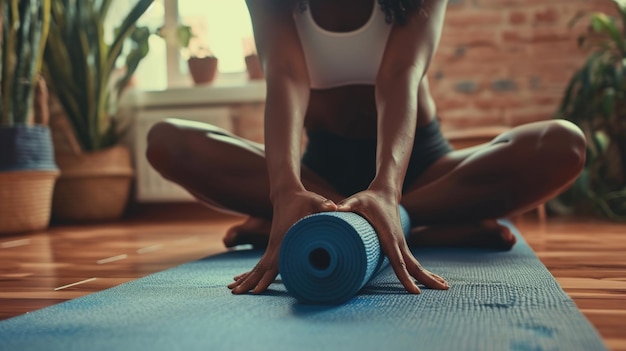 Primer plano de una mujer doblando una alfombra azul de yoga o fitness después de un entrenamiento Estilo de vida saludable