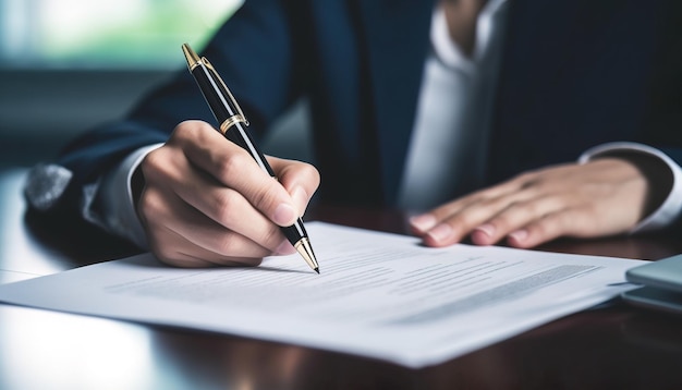 Foto en un primer plano, una mujer firma un documento.