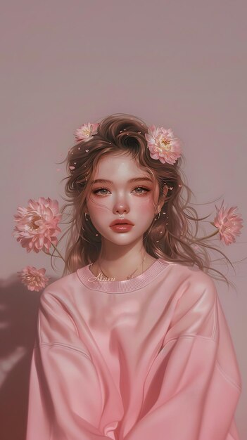 un primer plano de una mujer con flores en el cabello