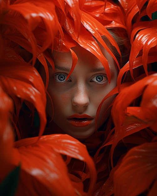 un primer plano de una mujer con flores rojas en el pelo
