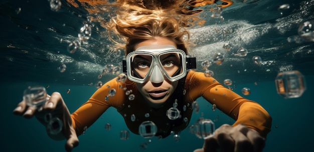 Primer plano de una mujer con gafas bajo el agua concepto de deporte submarino