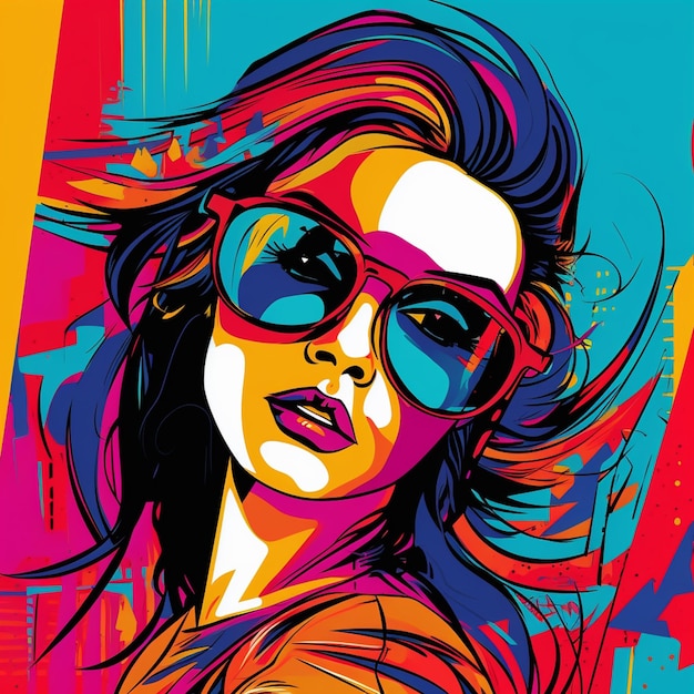 un primer plano de una mujer con gafas de sol y un fondo colorido generativo ai