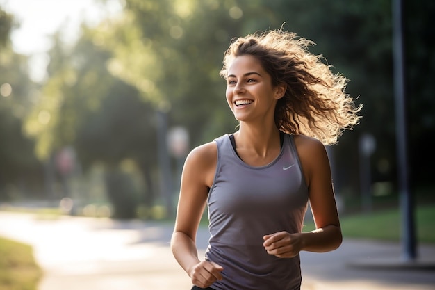 Un primer plano de una mujer haciendo jogging matutino Generative Ai