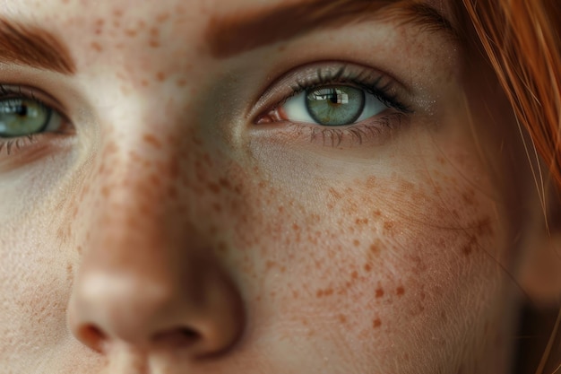 Un primer plano de una mujer hermosa con pecas y piel clara