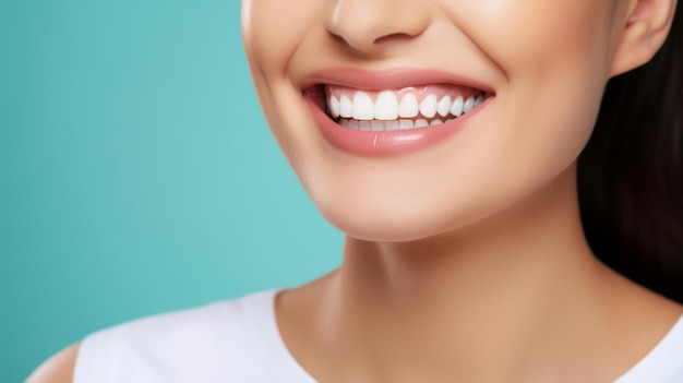 Primer plano de una mujer con una hermosa sonrisa para el cuidado dental sobre un fondo azul