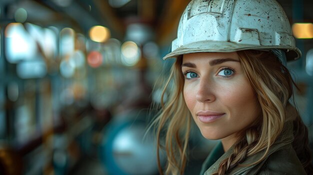 Foto primer plano de una mujer ingeniera con un sombrero duro mirando a la cámara en una fábrica industrial en el fondo