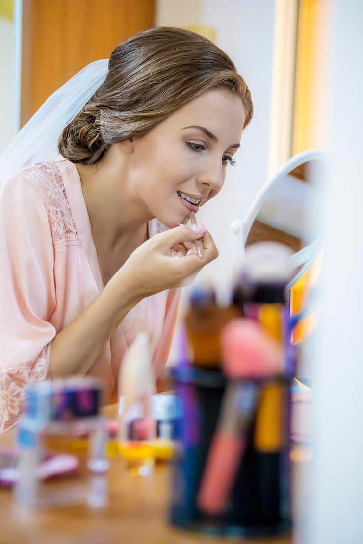 Foto primer plano de una mujer joven aplicando maquillaje en casa