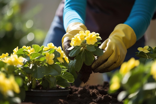 Primer plano de una mujer joven con guantes haciendo jardinería en su patio trasero