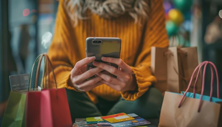 Foto un primer plano de una mujer joven haciendo compras en línea en su teléfono inteligente rodeada de bolsas de compras y tarjetas de crédito