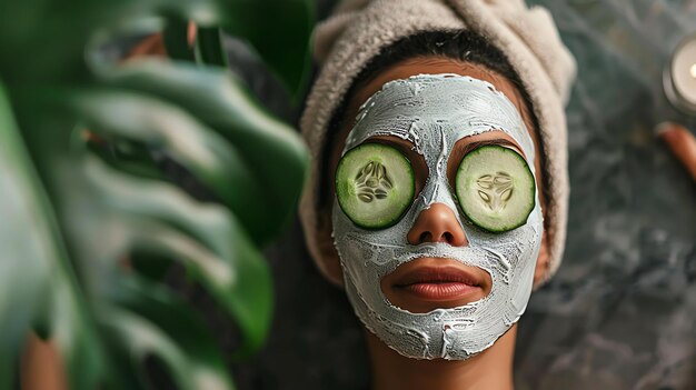 Primer plano de una mujer joven con una máscara facial en la cara y rebanadas de pepino sobre los ojos relajándose en un spa