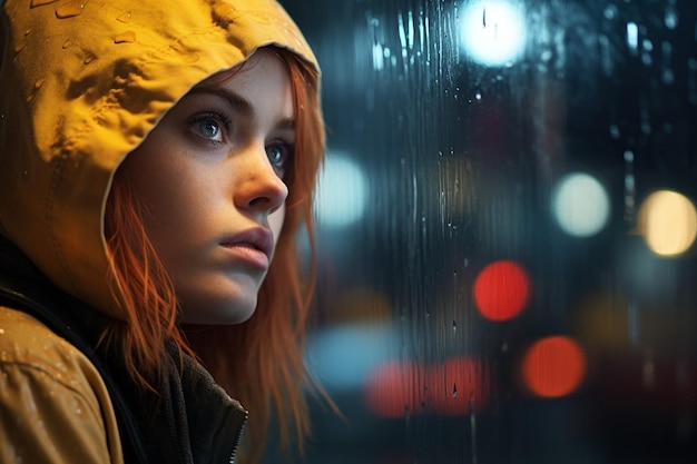 Un primer plano de una mujer joven mirando a través de una ventana salpicada de lluvia con reflejo de luz natural