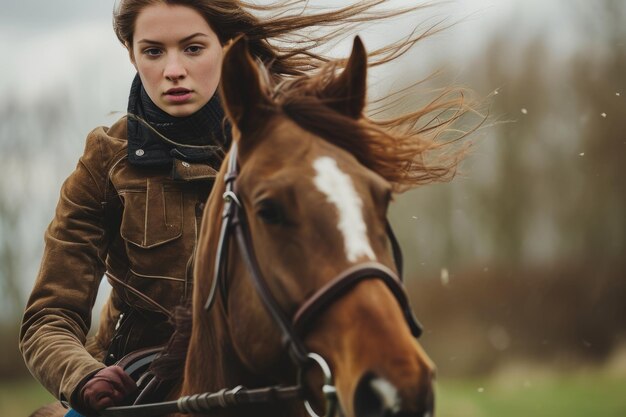 Un primer plano de una mujer joven montando un caballo marrón