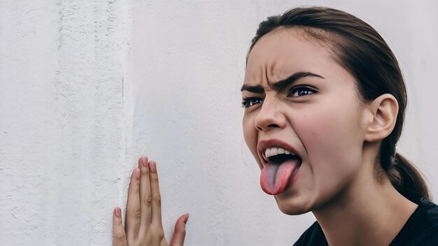 Foto un primer plano de una mujer joven mostrando la lengua y la decepción frunciendo el ceño molesto mirando fijamente algo desagradable