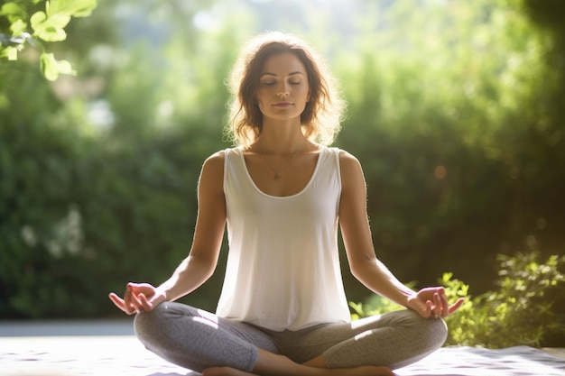 Un primer plano de una mujer joven practicando yoga en un ambiente tranquilo al aire libre IA generativa