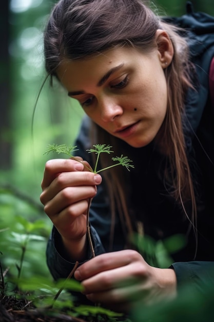 Primer plano de una mujer joven que mide el crecimiento de las plantas en el desierto creado con ai generativo