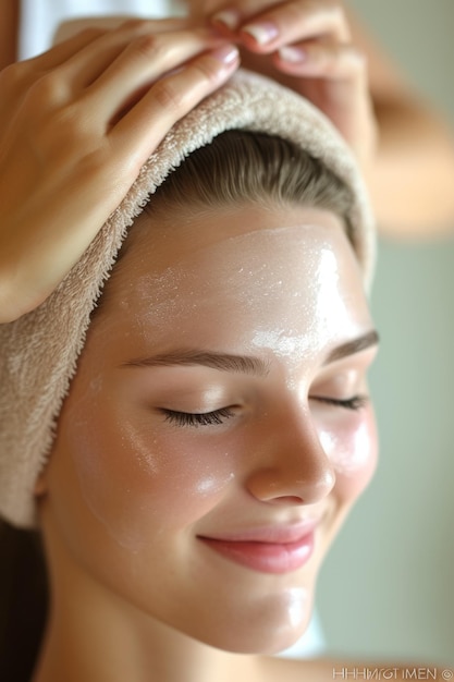 Un primer plano de una mujer joven recibiendo un tratamiento facial en un spa.