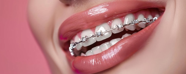 Primer plano de una mujer joven sonriendo mostrando sus aparatos ortopédicos con guiones en los dientes