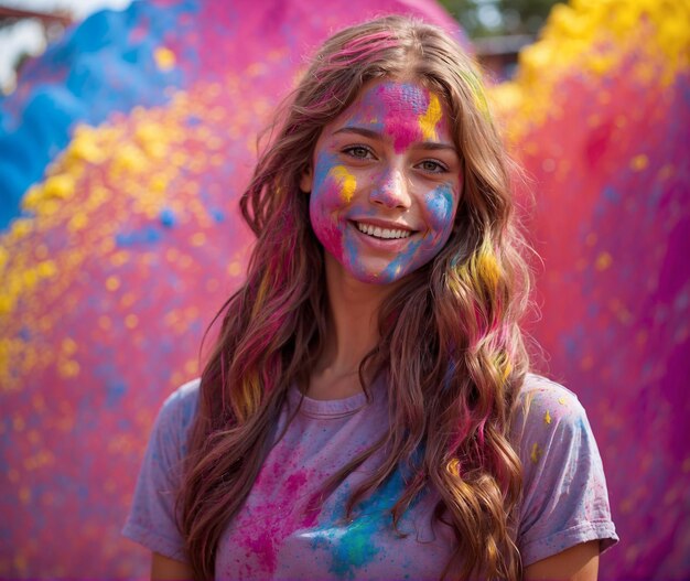 Un primer plano de una mujer joven soplando el color holi