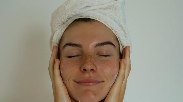 Foto primer plano de una mujer joven con una toalla en la cabeza y una suave sonrisa en la cara mientras se aplica una crema facial