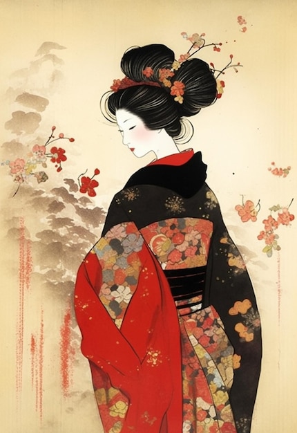 Un primer plano de una mujer en kimono con flores generativas ai