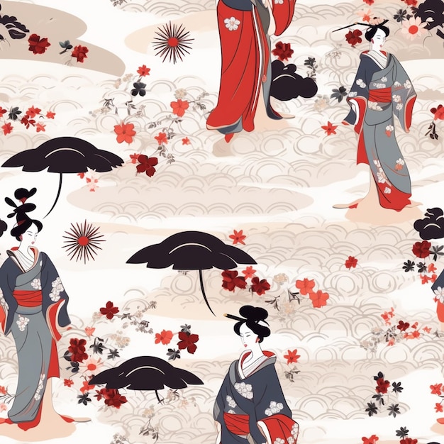 Un primer plano de una mujer en un kimono con un paraguas generativo ai